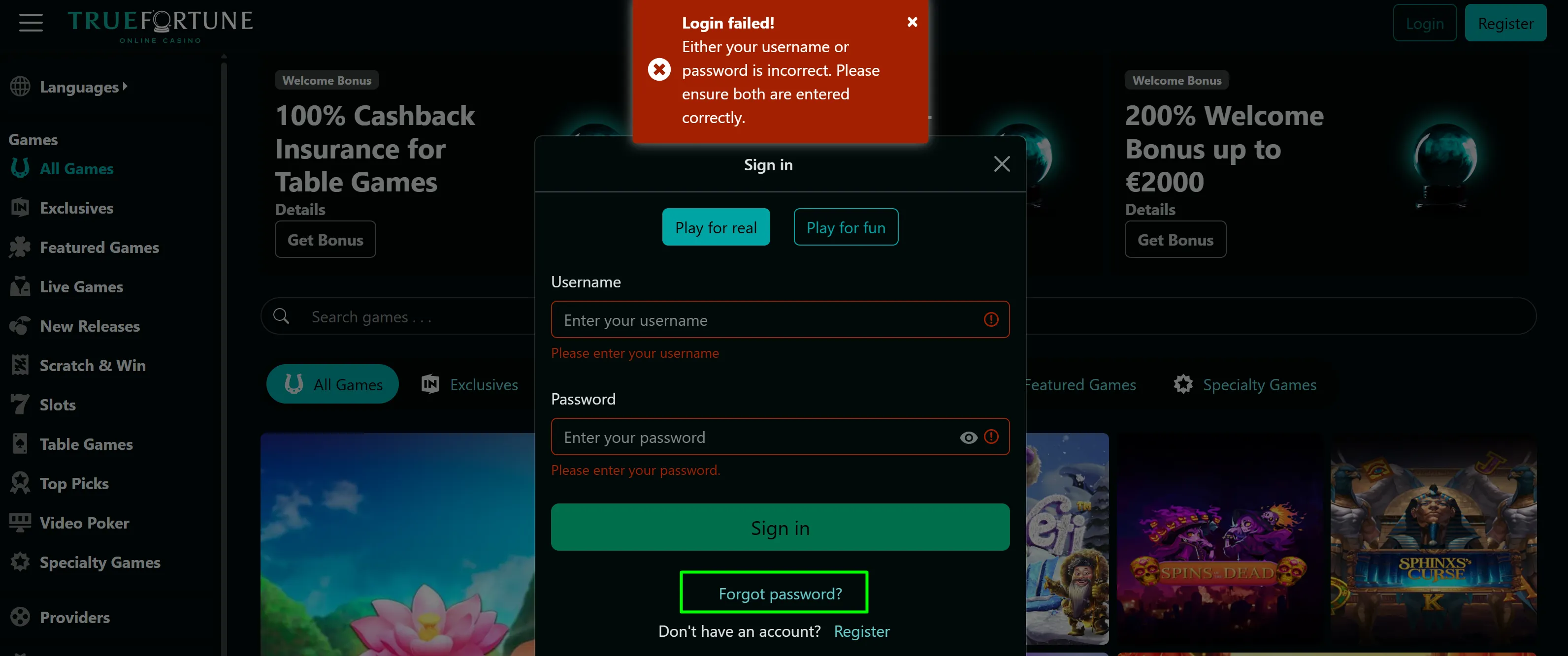 True Fortune Casino Password Recovery